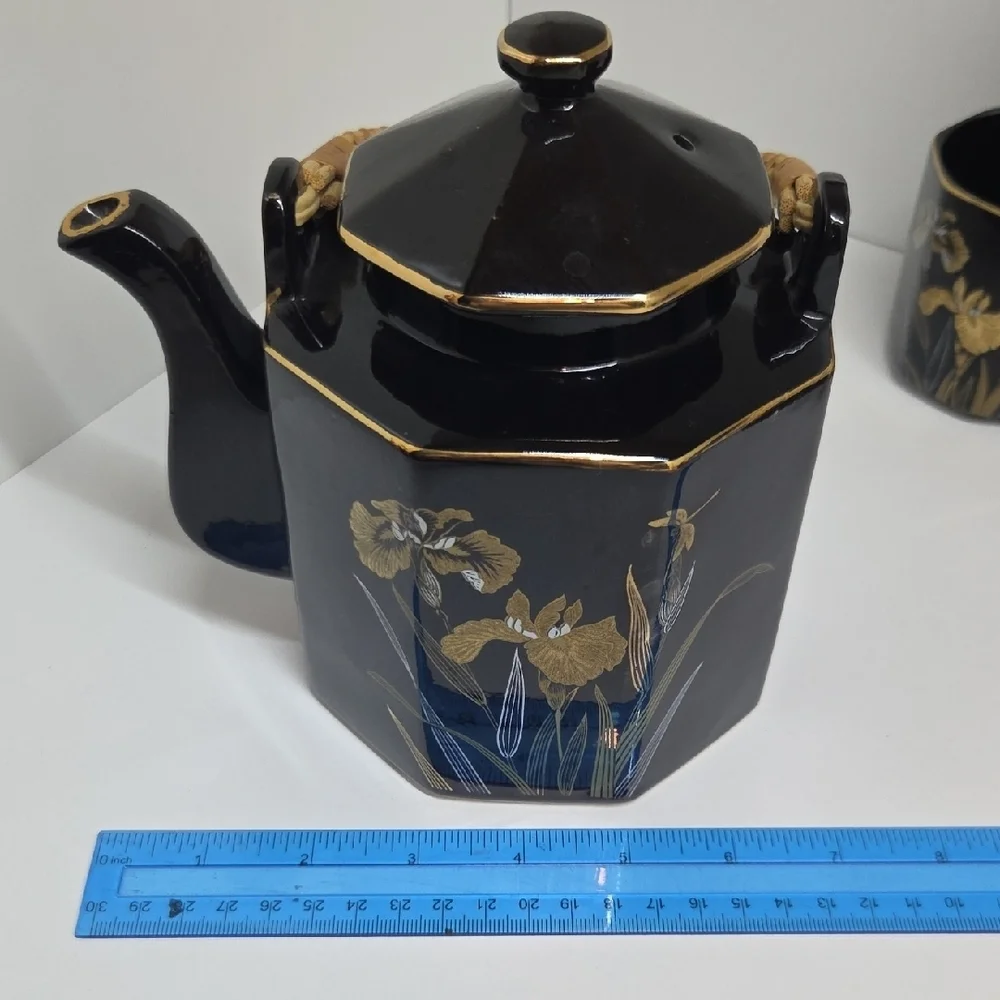 Vintage Black and Gold Floral Tea Set with Bamboo Handle